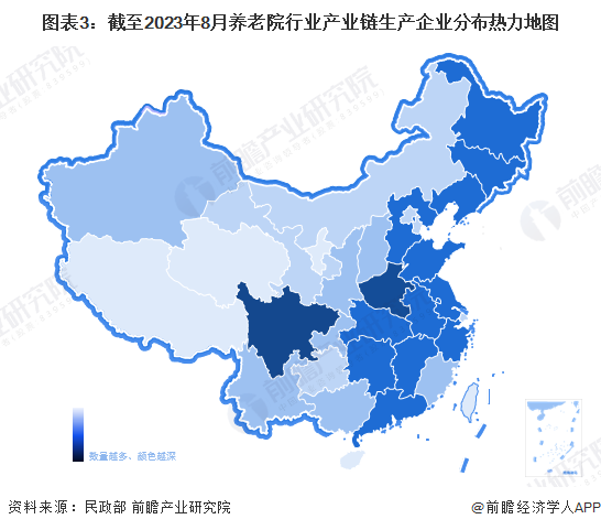 图表3:截至2023年8月养老院行业产业链生产企业分布热力地图