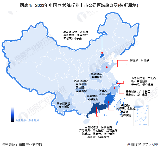 图表4:2023年中国养老院行业上市公司区域热力图(按所属地)